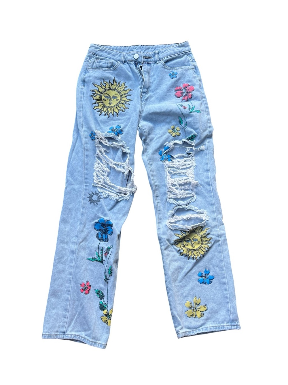 SHEIN Light Blue Ripped Jeans with Sun & Floral Embroidery